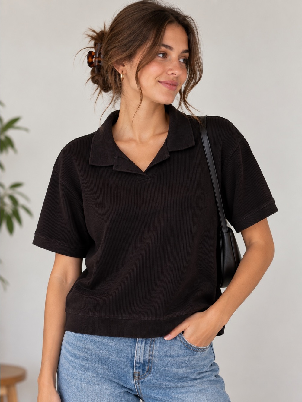 Zara Black Ribbed Short Sleeve Polo Top Size L